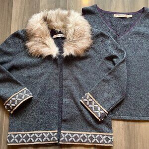 Purplish blue sleeveless top & cardigan with beaded embroidery/faux fur collar
